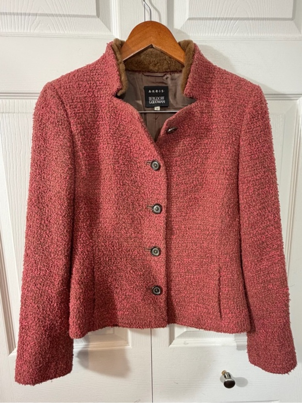 Akris Bergdorf Goodman Silk Wool Mink Fur Collar Pink Jacket Size 36 US 6